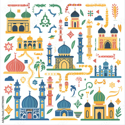 Colorful Islamic architecture domes and minarets collage.