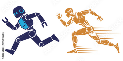Two robots in a race with speed lines on white background eps 10