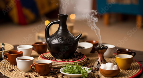 Traditional Ethiopian coffee ceremony features a black jebena with steaming cups and coffee beans.