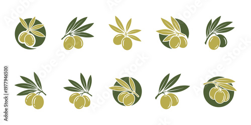 Minimal olive oil logo set with various olive icon variations, modern and elegant style for healthy food business branding needs.