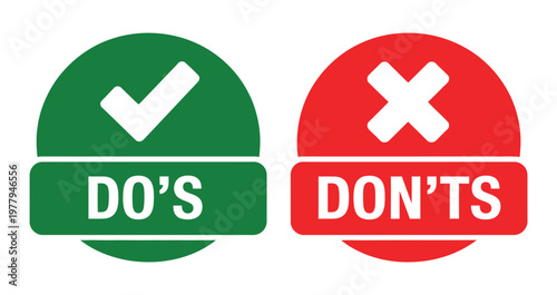 Do's and don'ts icon vector in flat style showing green check mark and red cross representing positive and negative actions, good and bad behavior, and guideline symbols.