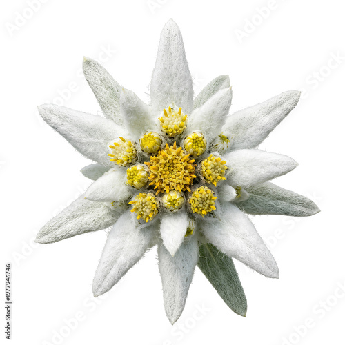 Closeup of a beautiful Edelweiss flower with white petals and yellow center 1.