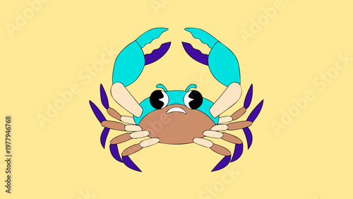 Crab displays blue pincers against a yellow background.