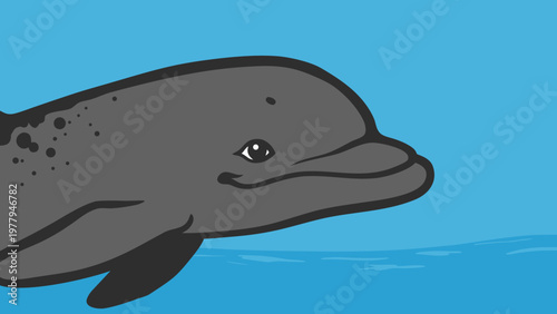 A grey cartoon dolphin swims gracefully in blue water.