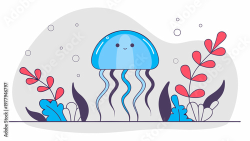 A blue cartoon jellyfish with a happy face floats amidst stylized aquatic plants.