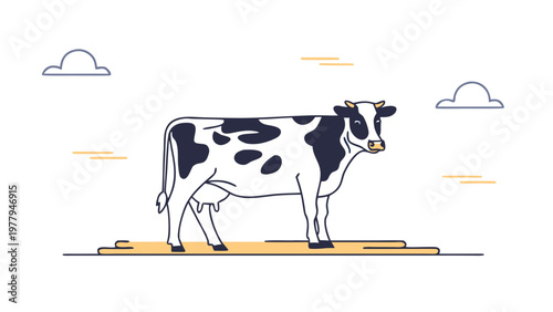 Cow stands calmly on a flat ground beneath stylized clouds.