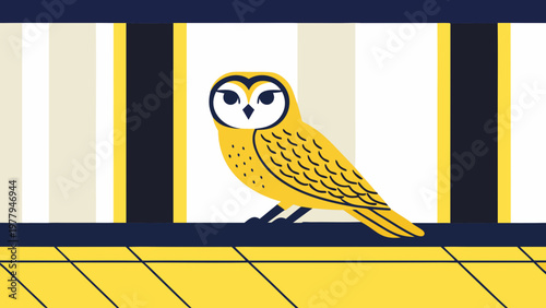 Owl sits perched on a dark ledge in this minimalist vector illustration of a bird.