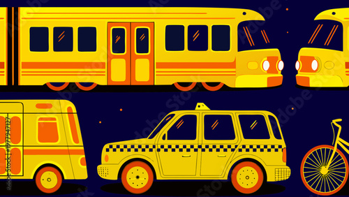 Yellow public transport vehicles and a bicycle represent common city transit methods.