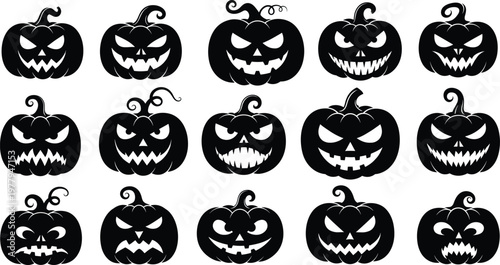 Halloween scary pumpkin faces, evil jack o lantern silhouettes, spooky black vector icons collection for Halloween design, decoration, party, and seasonal artwork