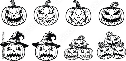 Halloween pumpkin vector set, jack-o'-lantern faces with witch hats, spooky black line illustrations, editable festive icons, holiday themed graphic design