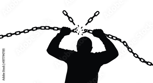Minimalist vector graphic illustration of a determined human silhouette breaking heavy metal chains to represent personal freedom liberation power strength courage and triumph over adversity today