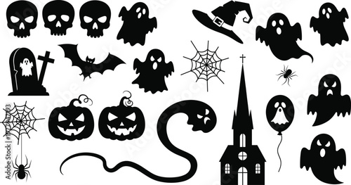 Halloween silhouette icon set, black vector illustration, skulls, ghosts, pumpkins, spider webs, haunted church, spooky decorations, creepy festive graphic elements