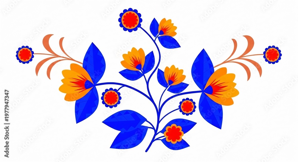 Fototapeta premium Mexican folk art floral illustration for Cinco de Mayo, traditional Otomi inspired vector design with vibrant blue and orange blooms, festive cultural ornament on white background.