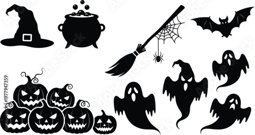 Halloween silhouette set, spooky ghost figures, witch hat, bubbling cauldron, flying bat, stacked pumpkins, creepy broomstick, scary icons, black vector illustration