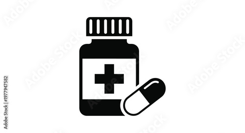 A vector graphic illustration depicting a medicine bottle and a capsule pill, symbolizing healthcare, pharmacy, and medical treatment for various conditions and wellness applications.