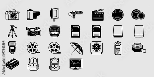 icon sheet collection of professional photography and cinematography gear including dslr cameras, lenses, lighting equipment, tripod, film reels, and memory storage