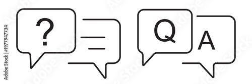 Q&A icon set. Q&A chat support button for websites, apps, or design elements. Vector illustration. Comment question icon pack flat vector in outline. FAQ icon vector sign symbol isolated on white.