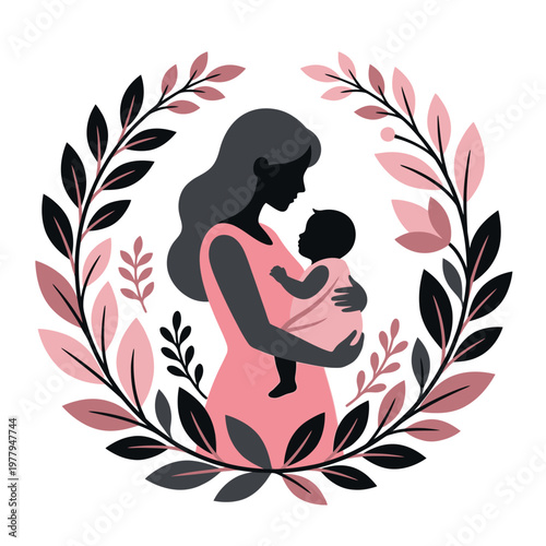 Mother and Baby Nursing Illustration Floral