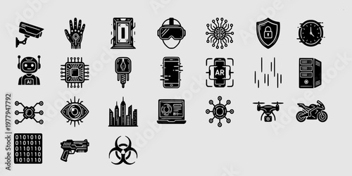 icon sheet collection of futuristic cyberpunk technology elements including robots, ai chips, virtual reality, drones, and digital security interfaces.
