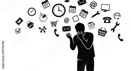 Black and white vector illustration showing a man overwhelmed by many tasks, deadlines, and communication symbols in a stressful modern lifestyle.