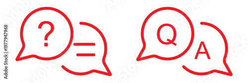 QNA icon. FAQ icon set. Paired speech bubbles with question mark and ellipsis sign. Support and help center sign for messaging and inquiry UI. Answer symbol. Talk pictogram. Communication illustration