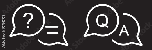 QNA icon. FAQ icon set. Paired speech bubbles with question mark and ellipsis sign. Support and help center sign for messaging and inquiry UI. Answer symbol. Talk pictogram. Communication illustration