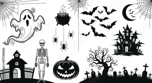 Halloween vector illustration, haunted house, ghost and skeleton, spooky graveyard, bats and moon, spider webs, cauldron, creepy tree, black and white design