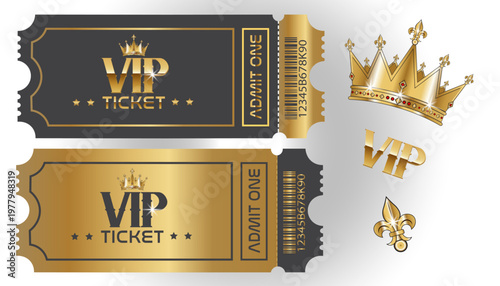 Golden VIP tickets, luxury event passes, premium access symbols, gold crowns