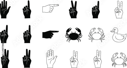 Hand gesture silhouettes, peace sign, pointing finger, crab and duck line art, black and white vector icons, minimal design, grid layout