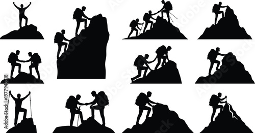 Hiker and climber silhouettes, black vector illustration, mountain adventure poses, teamwork and peak moments, outdoor trekking gear, hiking action graphic set