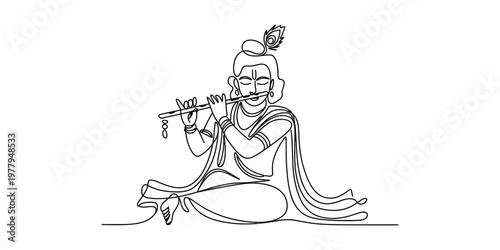 A beautiful continuous line drawing of lord krishna playing the flute in a traditional pose here Vector, illustration