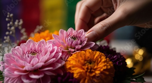 Hand touching vibrant pink dahlia and orange marigolds for Cinco de Mayo celebration, festive Mexican fiesta floral arrangement, colorful holiday flower bouquet, spring decor.