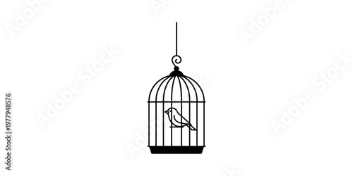 A minimalist black and white line art illustration showing a small bird inside a hanging cage Vector, illustration