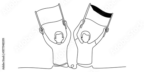 Continuous line drawing of two people holding up flags to represent unity and national pride Vector, illustration