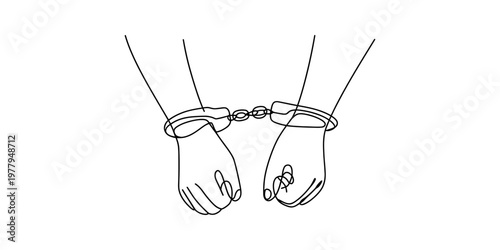Minimalist continuous line drawing illustration of human hands locked inside metal handcuffs Vector, illustration
