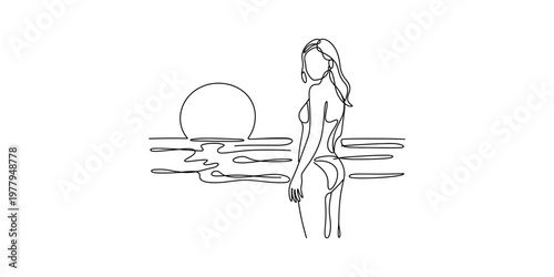 A continuous line drawing of a woman in a bikini standing by the ocean during a sunset scenery. Vector, illustration