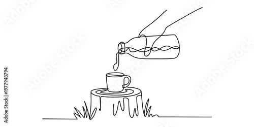 A single line drawing illustrating a hand pouring a drink from a bottle into a cup on a stump Vector, illustration