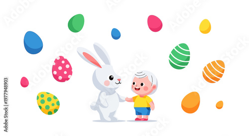A cheerful vector illustration shows a little child interacting with an Easter bunny character amidst colorful Easter egg decorations, set against a clean white background with a playful