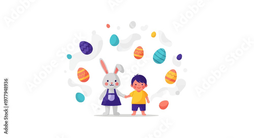 A whimsical vector illustration depicts a little child holding hands with a friendly Easter bunny character amidst floating Easter eggs, set against a clean white background with a festive