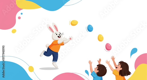 A cheerful Easter bunny cartoon character playfully tosses colorful Easter eggs to two children with raised arms against a festive, bright white backdrop with abstract pastel shapes