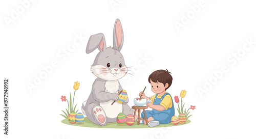 Charming vector illustration of a little child painting Easter eggs alongside a large, friendly Easter bunny character, set against a clean white background with pastel floral accents