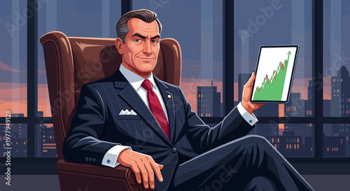 Confident Business Executive Analyzing Positive Market Trends and Strategic Growth on a Digital Tablet in a High-Rise Corporate Office with a Scenic City View