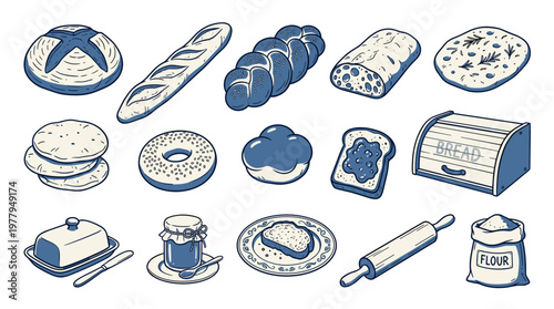 Artisan bread and bakery collection blue doodle with baguette sourdough and jam for traditional boulangerie and pastry shop branding
