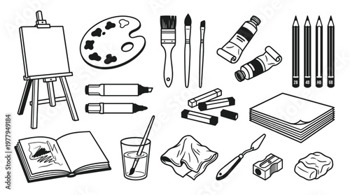 Art studio painting tools doodle kit including easel and brushes for artistic creativity and professional painter education concept