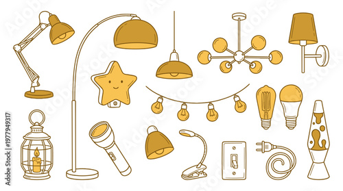 Lighting fixtures and lamps doodle collection with floor lamps and bulbs for interior design and home illumination concept