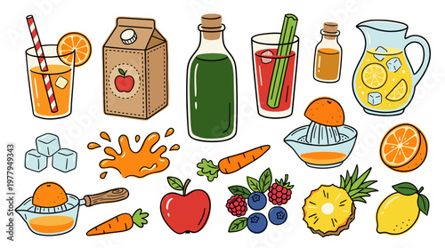Naive fresh juice elements flat color set with tropical fruits and juicer for healthy diet and organic refreshment concept