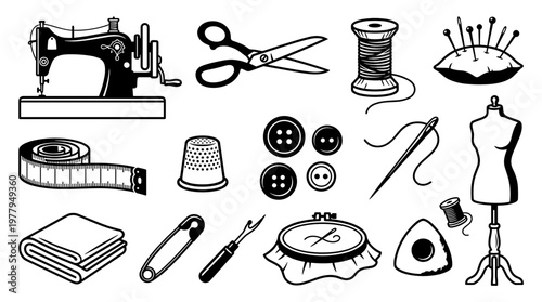 Sewing and tailoring craft doodle set featuring sewing machine and professional tools for fashion design and handmade hobby concept