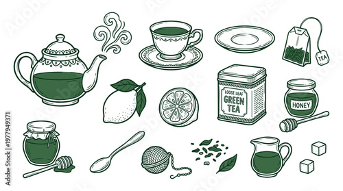Tea ceremony botanical doodle collection including teapot and cups with herbal ingredients for wellness and relaxation branding concept