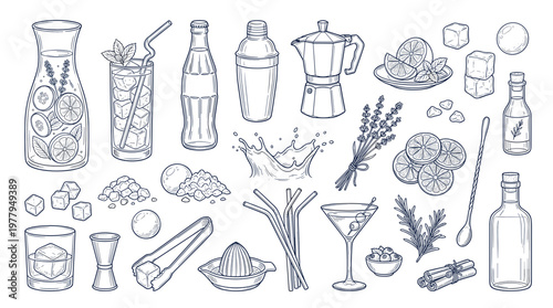 Ultimate beverages and botanical drinks set featuring bottles and cocktail glasses with herbal ingredients for bar menu and mixology concept