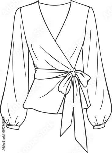 Long sleeve wrap blouse with tied waist line drawing